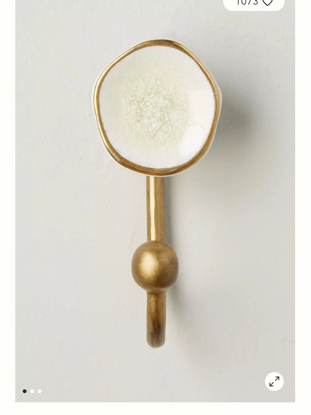Anthropologie Gold Metal Wall Hook with White Crackle Ceramic Accent